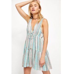 Free People Striped Reversible Mini Dress in Aqua, White, Taupe.